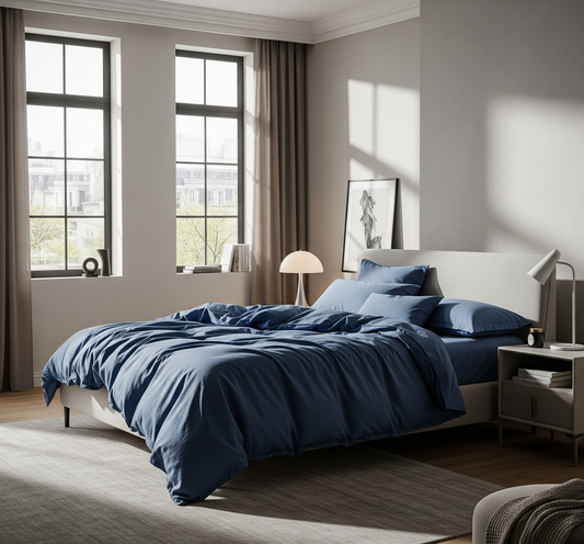 Drap-housse 100 % coton avec bande élastique bleu - AU FIL DU LIT